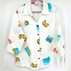 Hot Cotton Linen Blend Beach Print Button-Up Shirt XL